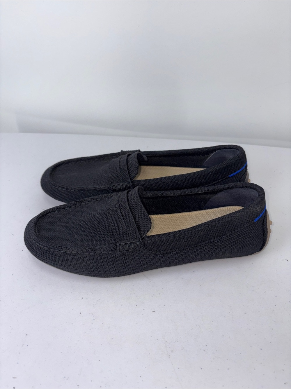 🐨 Rothy's Black knit Penny Loafers with Blue Heel Trim